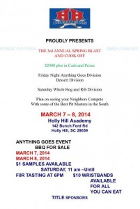 Holly Hill Academy 3rd Annual BBQ to be held March 7th and 8th.